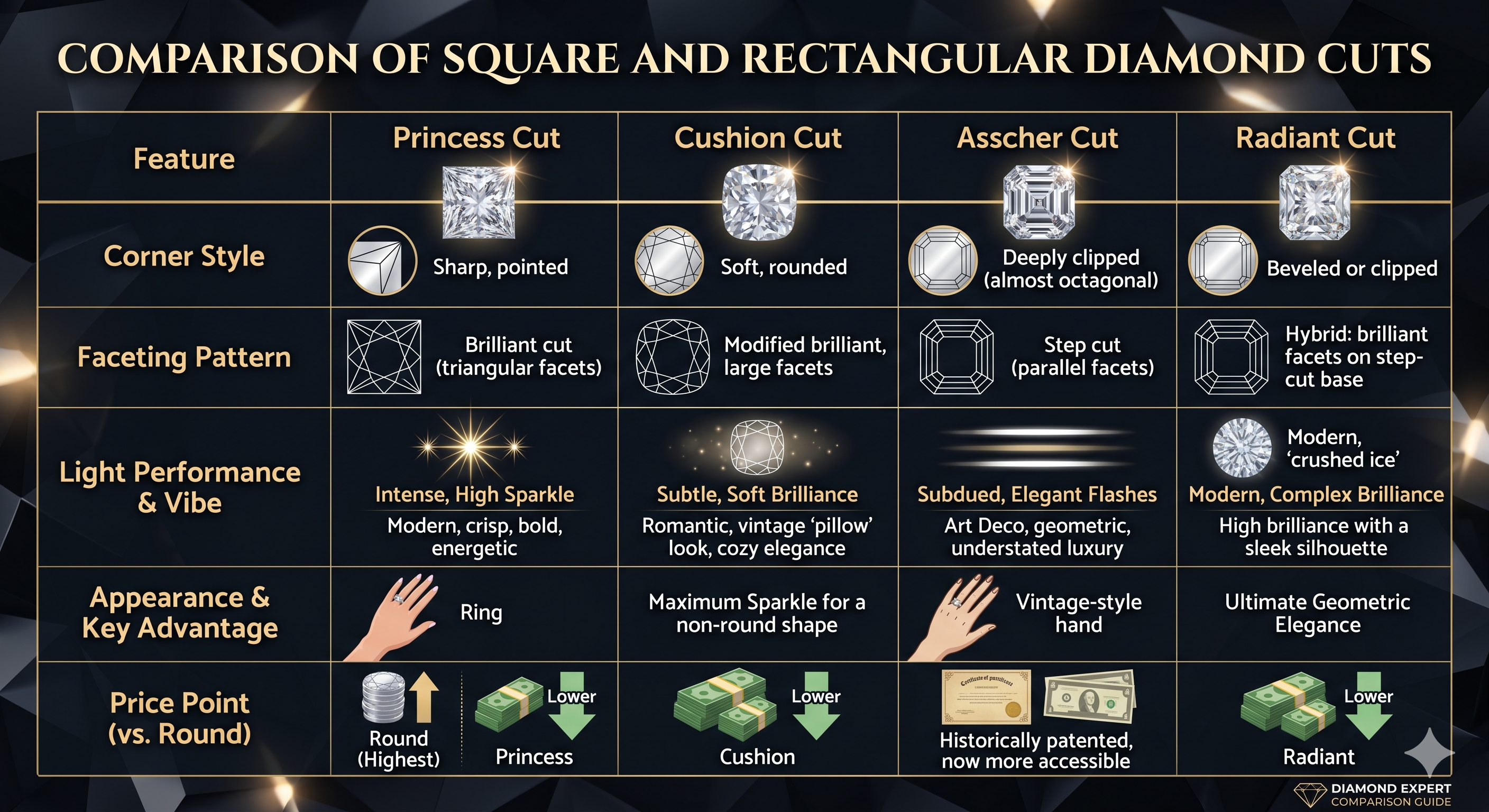 comparison of popular square-shaped diamond cuts